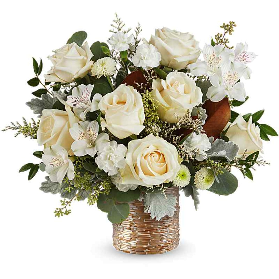 Cream roses and white alstroemeria in a woven basket vase