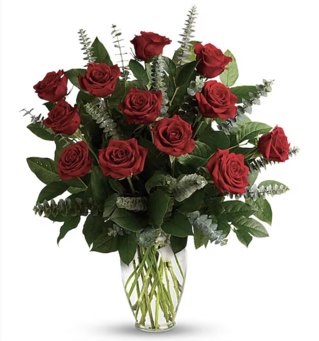 Dozen Long Stemmed Roses by BloomNation™ - These dozen red roses are classic! Perfect romantic gift for any Day or an Anniversary.   APPROXIMATE DIMENSIONS: 25" H X 18" W