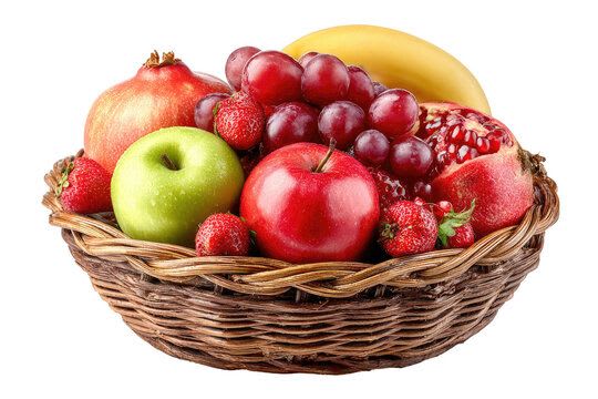 Basket of assorted fruit including apples, grapes, strawberries, and pomegranate