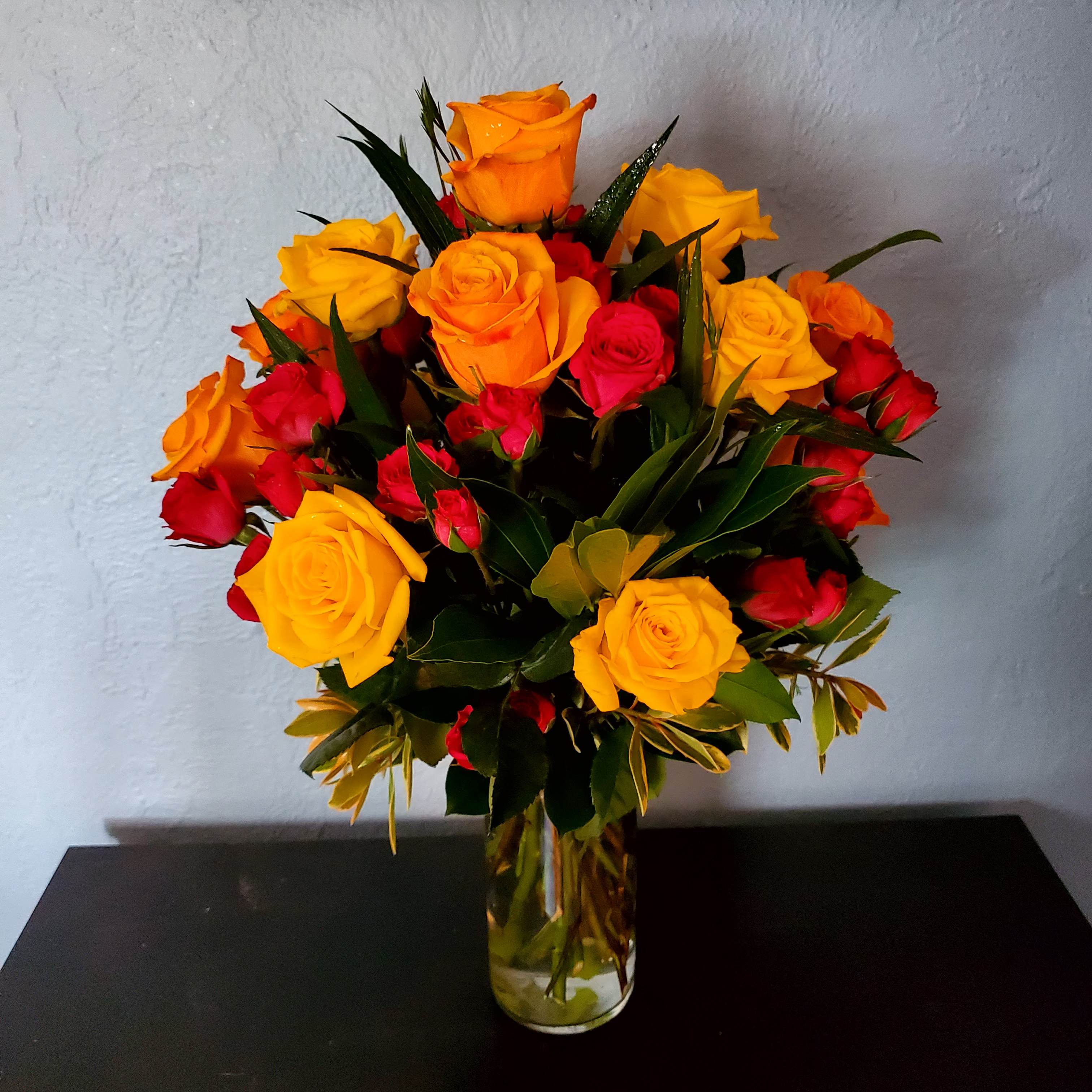 MF-Brighten Your Day - Elegant vase of vibrant orange and yellow roses, beautifully arranged to enhance any setting. A perfect gift for anyone that brings warmth and brightness.