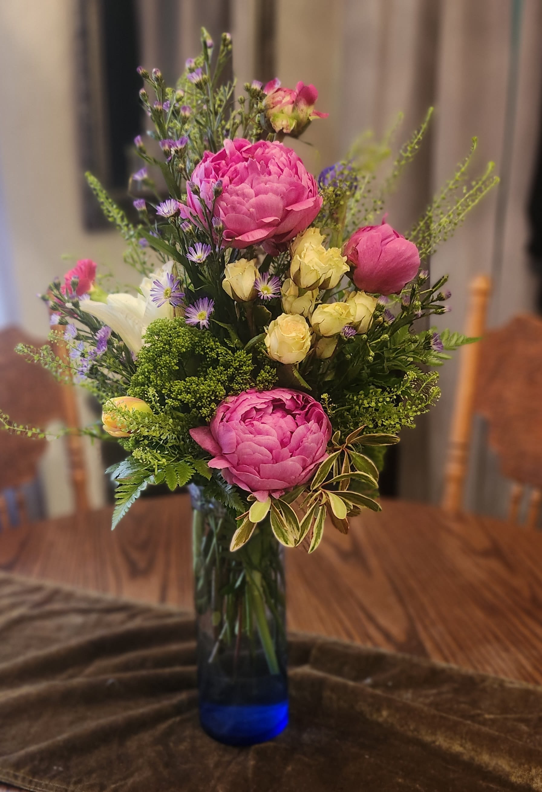 "Its A Beautiful Sunday" By: Madison's Flowers - Pink Peony, bright yellow sweetheart roses, white lily's to wake up on  a Sunday morning to brighten your day.