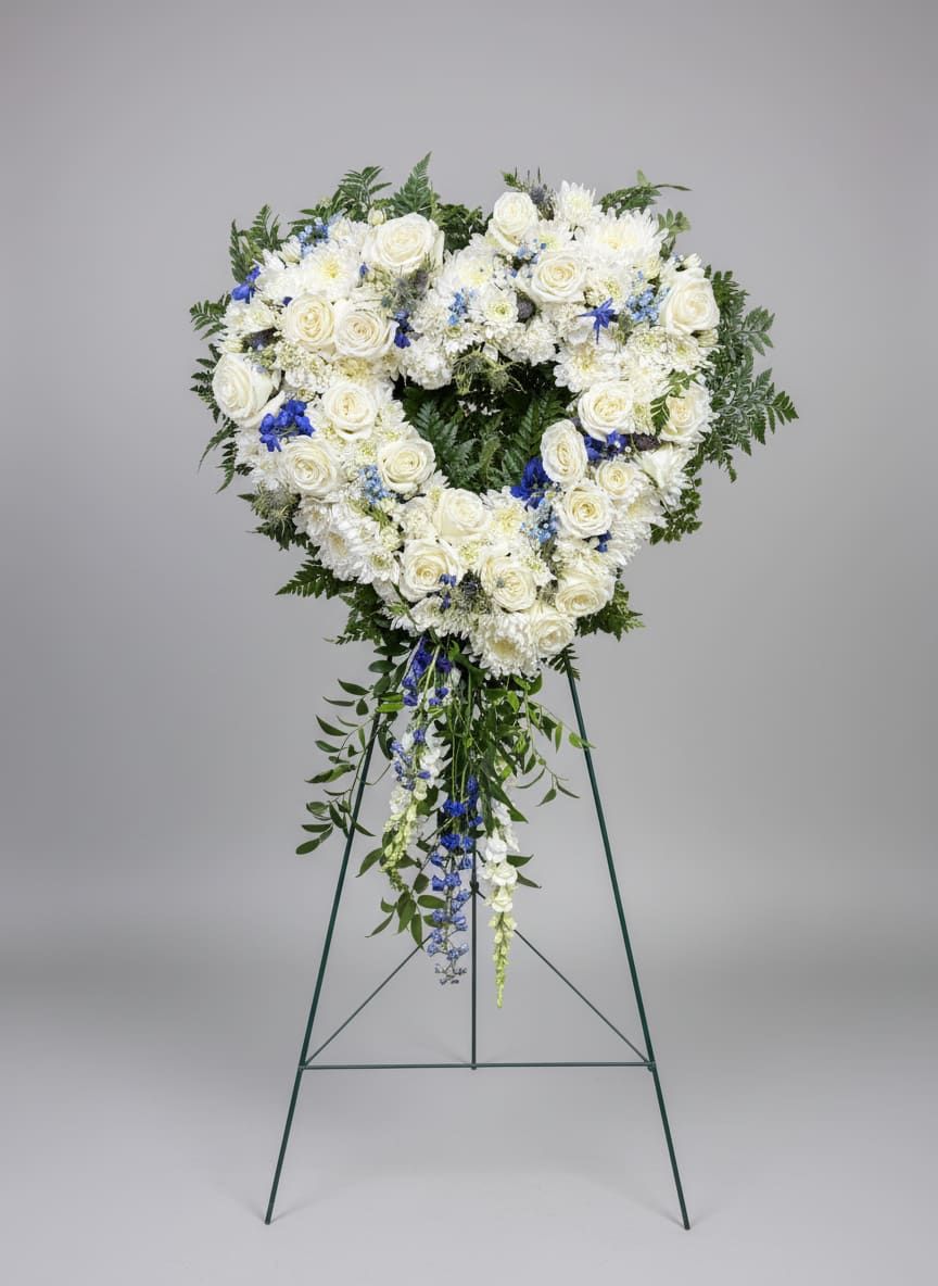 Deeply Precious Blue Heart  - A large heart-shaped standing spray crafted in serene whites and cool blues makes a powerful, comforting statement for a funeral or sympathy setting. This sympathy heart arrangement combines white roses and white chrysanthemums with delicate blue delphinium accents to create a formal, reverent display that gently honors a loved one.  The design is dense and symmetrical across the top of the heart, then softens into cascading greenery and blue-and-white floral strands that trail downward for an elegant, flowing silhouette. Mounted on a sturdy metal easel, the spray is sized to stand prominently at a service or graveside and reads as both romantic and respectful-perfect for memorializing someone deeply cherished.  Choose this piece when you want the person you're remembering to feel honored and seen; the classic whites convey purity and remembrance while the touches of blue add calm and depth. Care is simple for event use: keep the arrangement in a cool place before the service and let the florist handle delivery and easel setup for a dignified presentation.