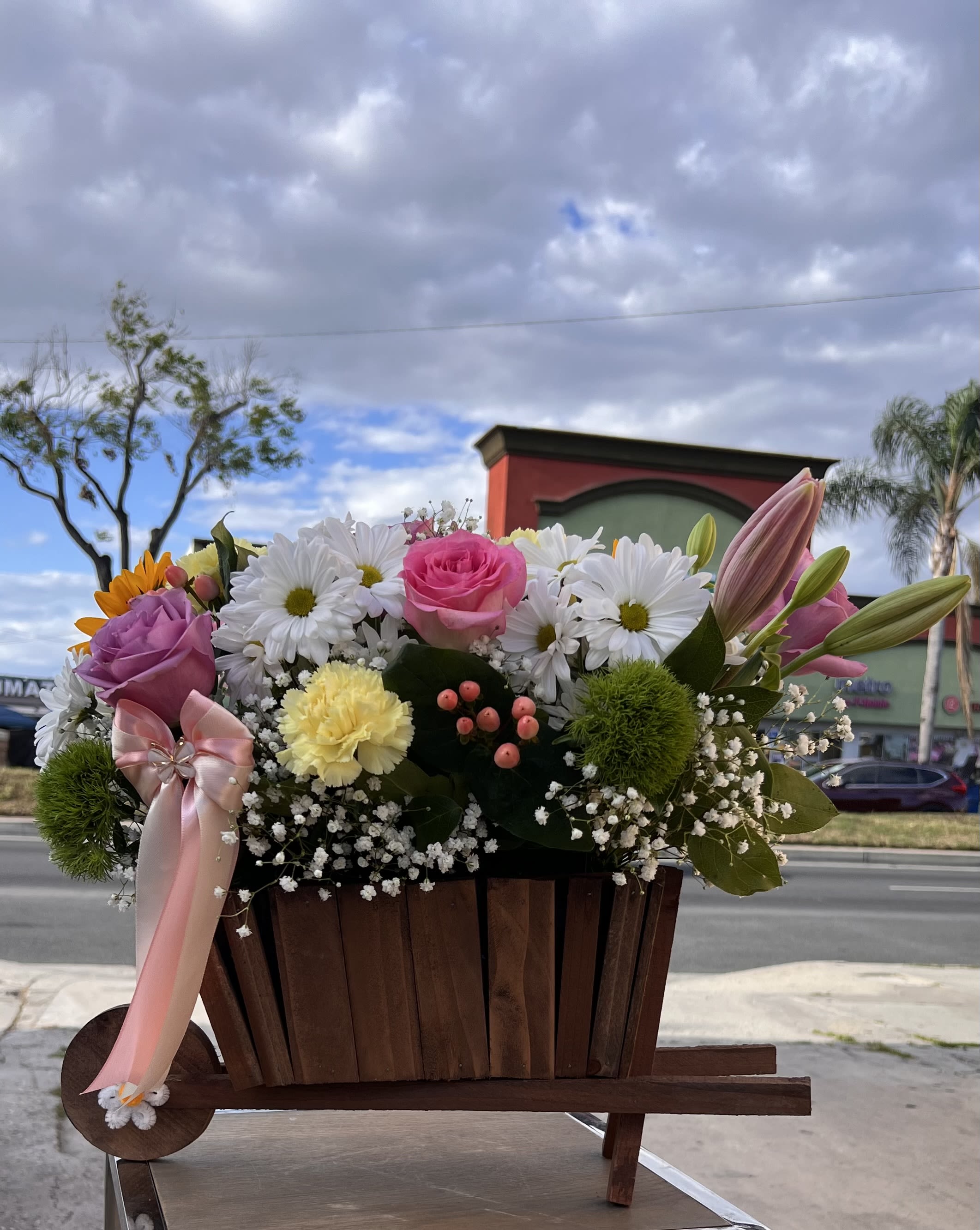 Blooming Garden Cart - Carretita With Mix Flowers - A bright and cheerful mix of sunflowers, roses, and delicate blooms, made to celebrate Mom with love and sunshine 
