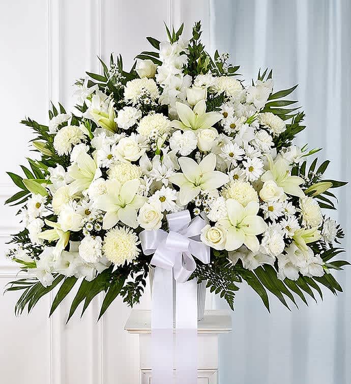 All white standing basket  - Roses stock lilies carnations 