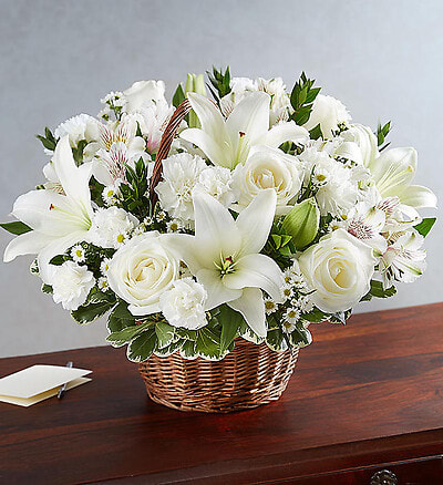 White basket  - Roses , astromelias , lilies 