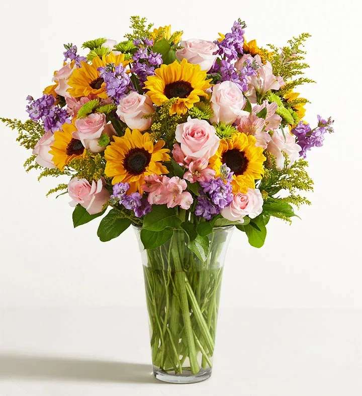 PASTEL VASE ARRENGMENT - ROSES STOCK SUN FLOWERS