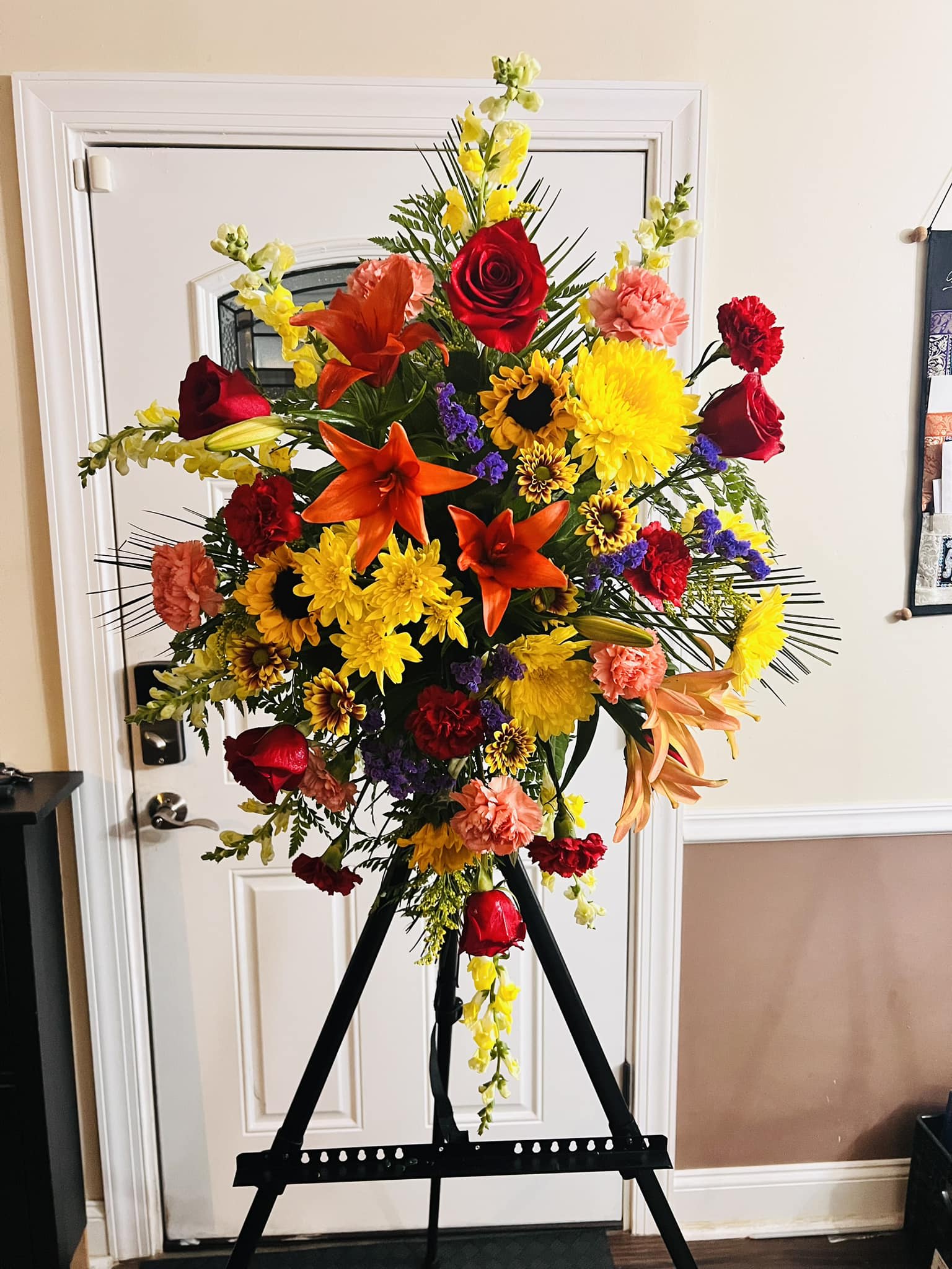 Autumn Sympathy Spray - Mixed Autumn flowers standing spray