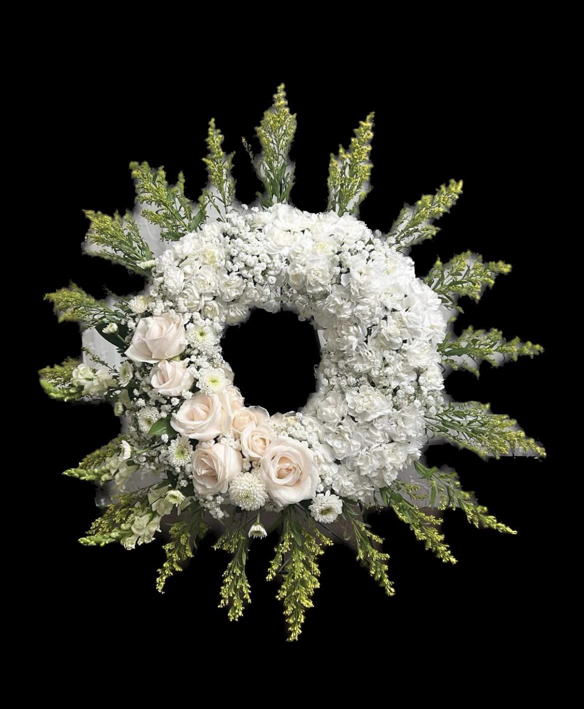 Circle of life wreath - Purity white carnations and blush pink roses 