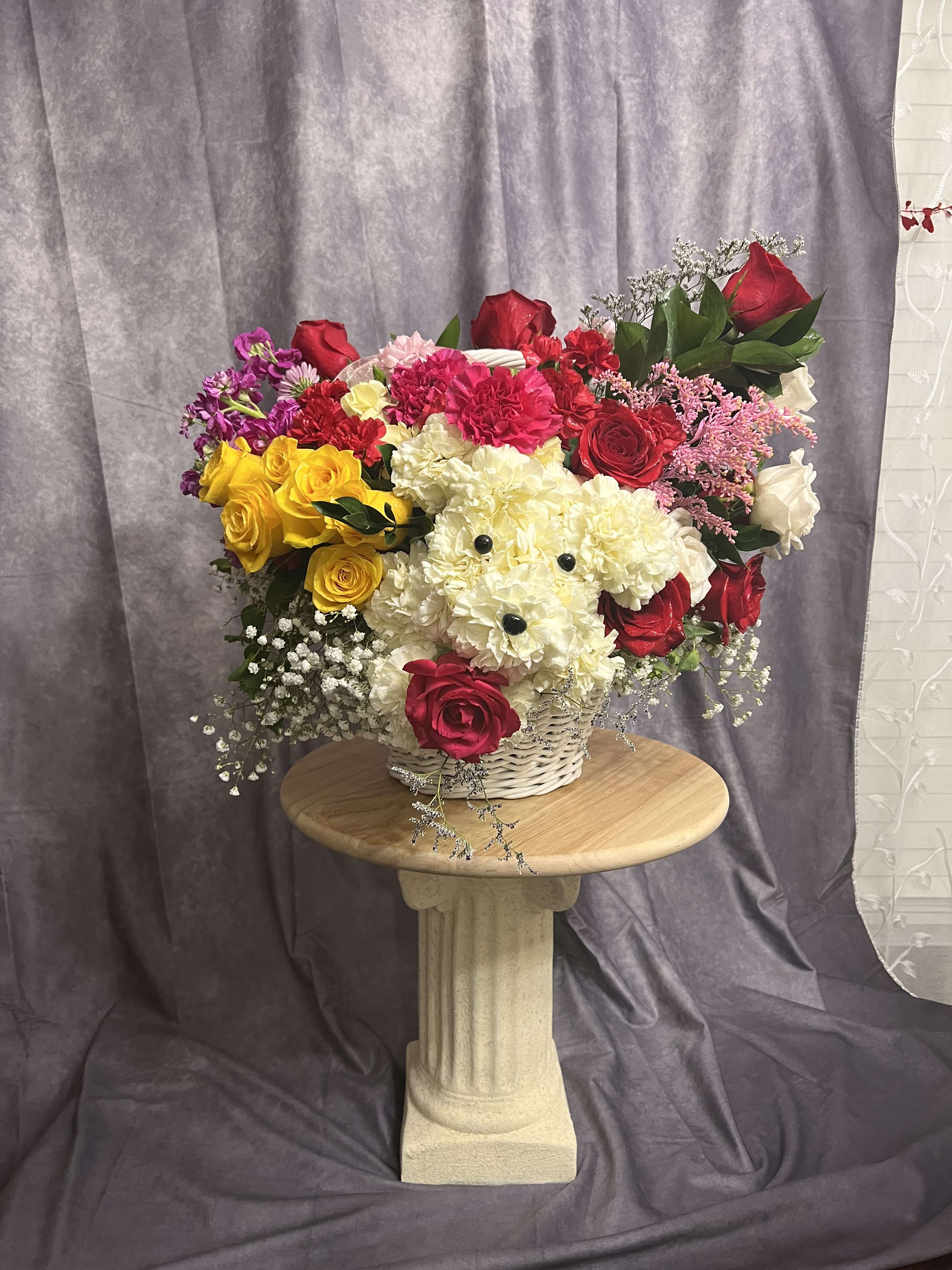 Everyday is a gift puppy love basket  - Any occasion puppy loves basket gifts variety of custom florist picks flowers in a large basket 