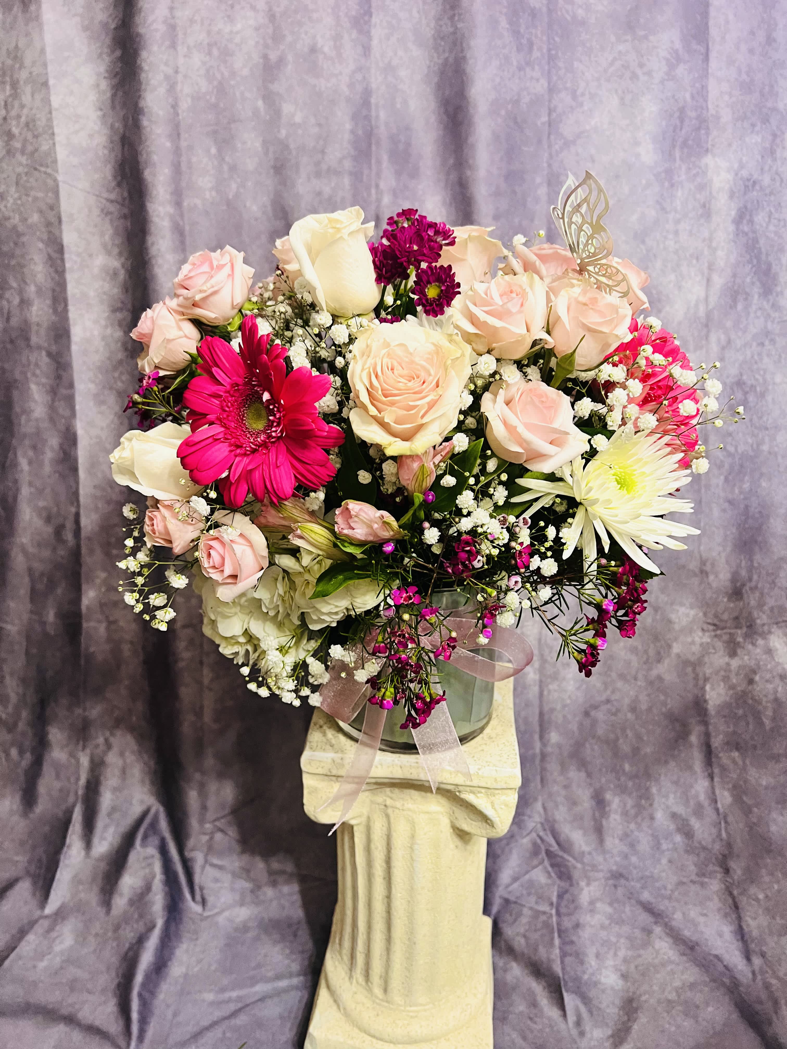 Happy and Joyful  - Beautiful custom arrangement full of variety and blush pink to celebrate moment of joy! Additional charges for Balloons.  
