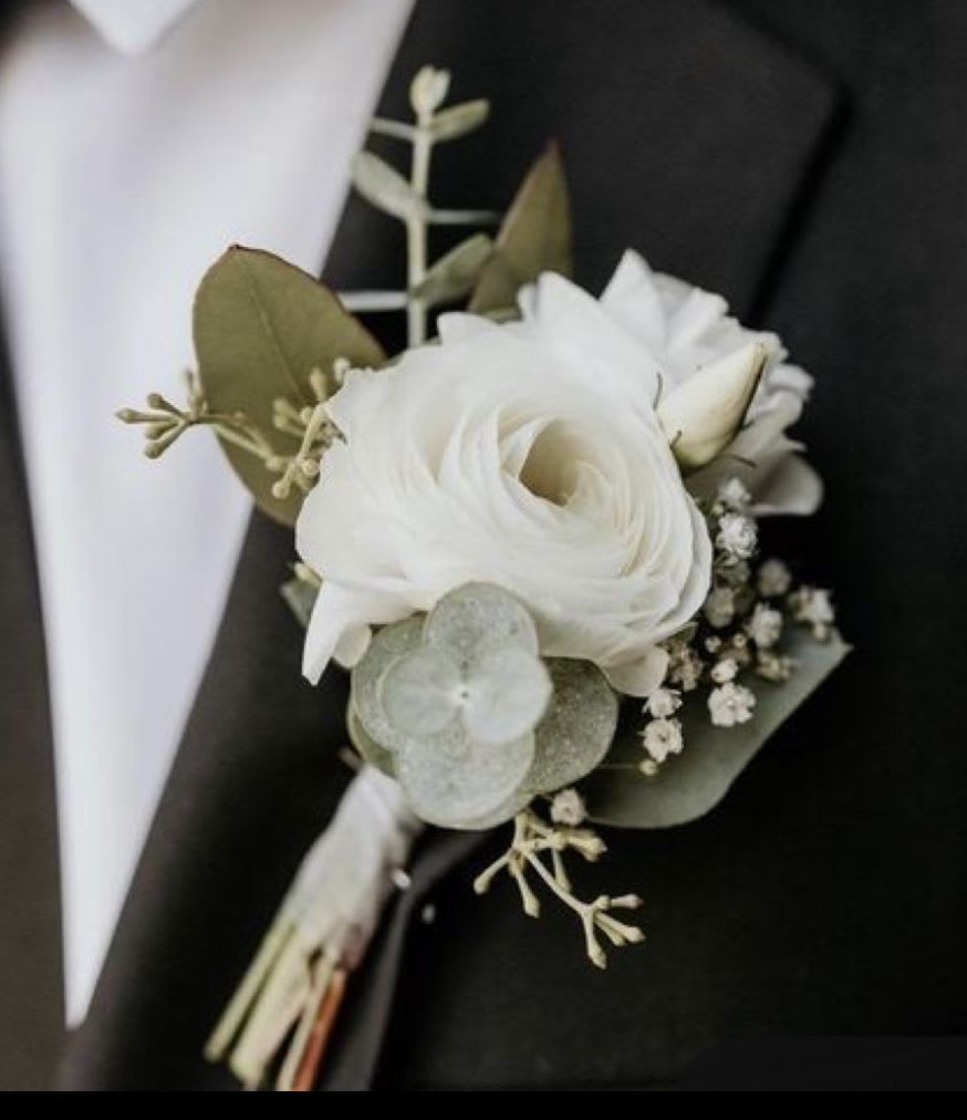Purity of love Wedding Boutonnière  - White roses and some greenery from our Purity of love Wedding Package.  This order can custom to your wedding theme color as well.