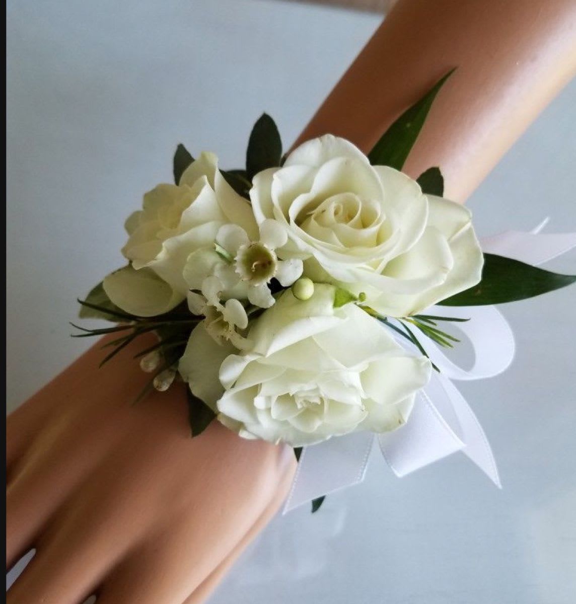 Purity of Love Wedding Corsage - White roses and green theme wedding corsage from our Purity of love wedding package.  We can also customize to your wedding theme color as well, please specify in comments.