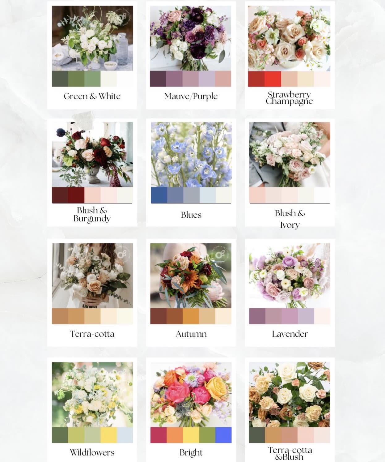 Color palette collage with nine floral bouquet examples and labeled swatches