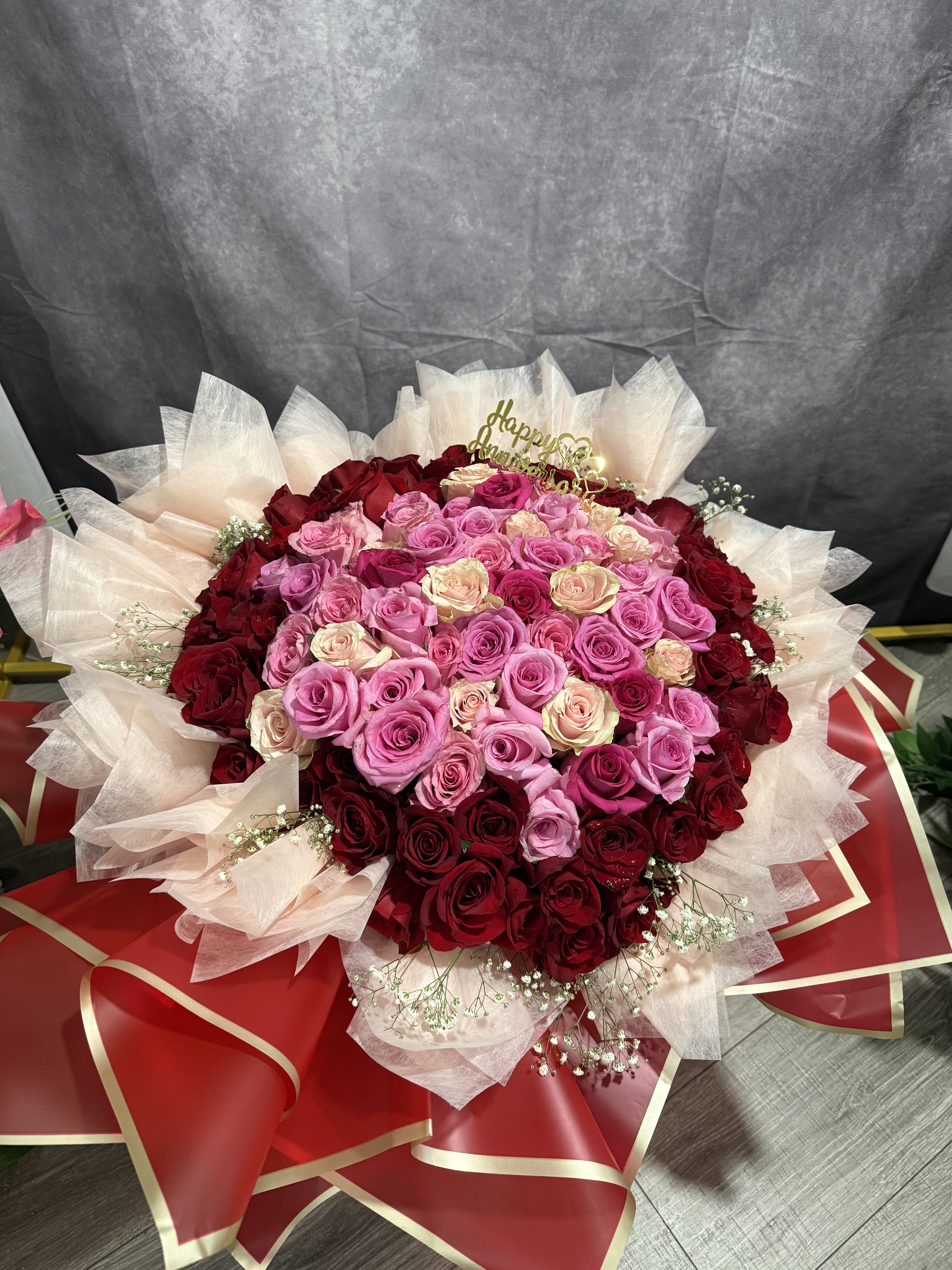 99 Stems of Eternity  - A 99 roses bouquet is a powerful symbol of everlasting love and devotion. In the language of flowers, 99 roses represent a promise of eternal affection, making it a perfect gift for romantic occasions like anniversaries, proposals, wedding 