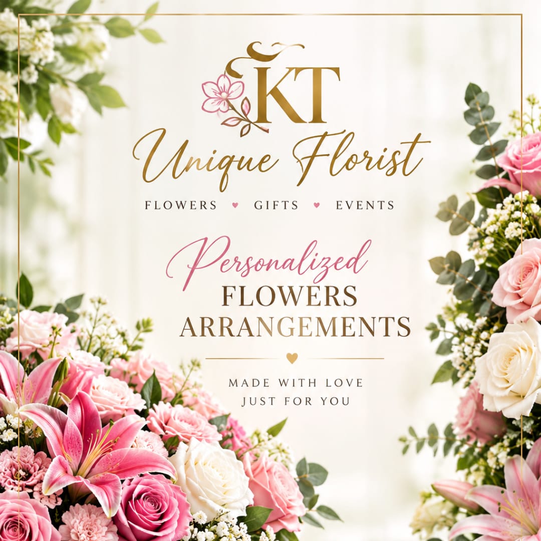 Pink and white floral arrangement with lilies and roses around a florist logo