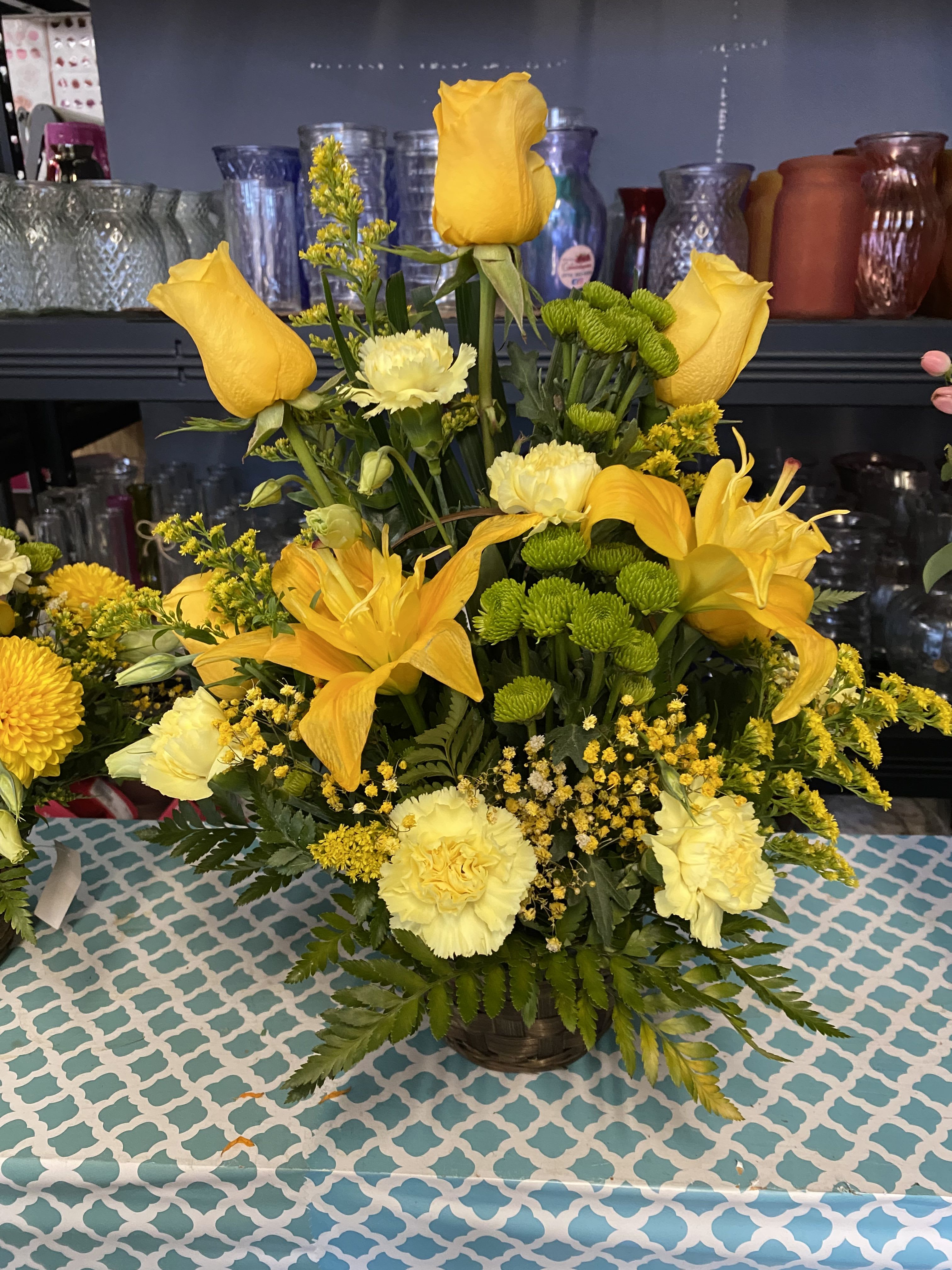 Yellow basket - About a medium basket full of yellow mixed flowers