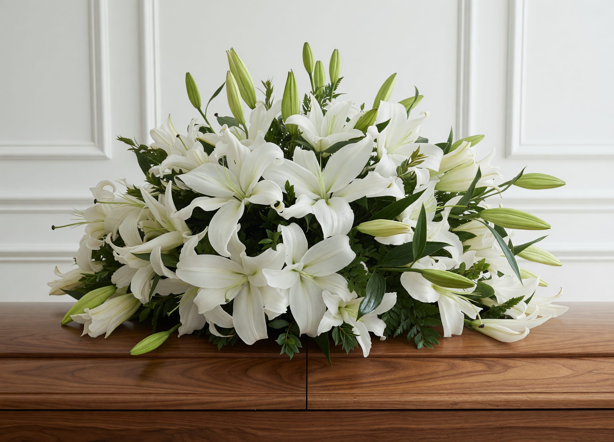 Pure White Lily Casket Spray - Honor the memory of a loved one with our Pure White Lily Casket Spray, a timeless and elegant tribute handcrafted with premium white Oriental lilies and fresh seasonal greenery. Designed to gracefully adorn the casket, this stunning arrangement symbolizes peace, purity, love, and remembrance. Fragrant white lilies bloom beautifully alongside unopened buds that continue to open over time, creating a lasting expression of comfort and respect.  Expertly arranged by our florists, this casket spray is a meaningful choice for funeral services, memorials, and celebration of life ceremonies. Its classic all-white design offers a heartfelt way to express sympathy while honoring a cherished life with grace and dignity.  Flowers Included: Premium White Oriental Lilies Fresh Seasonal Greenery