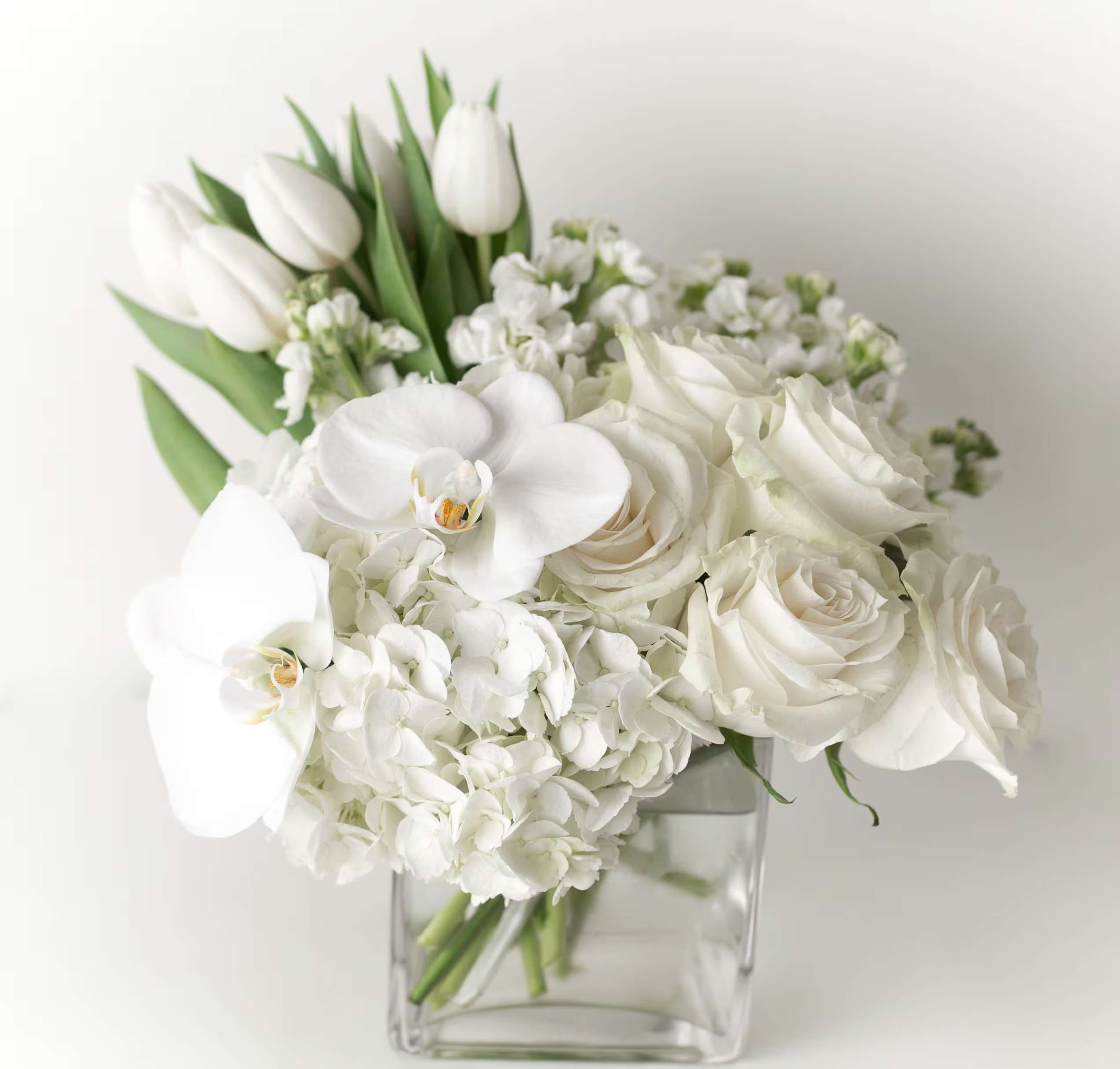 White roses, orchids, and tulips arranged in a clear square vase