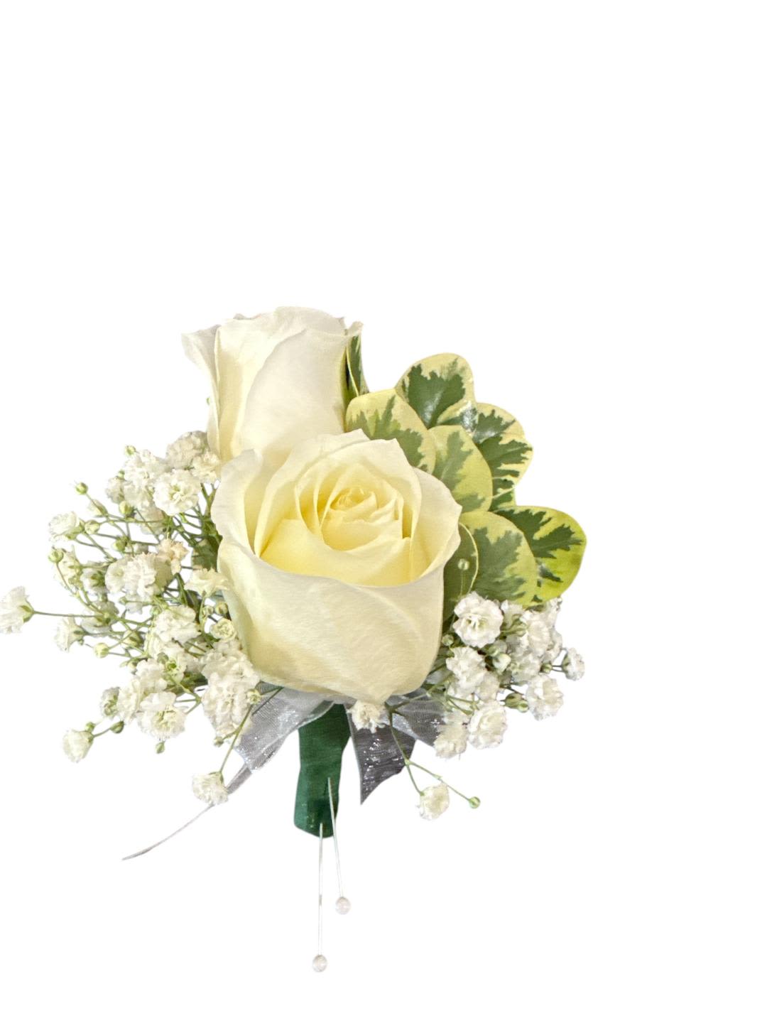 Cream rose boutonniere with baby's breath and variegated leaves
