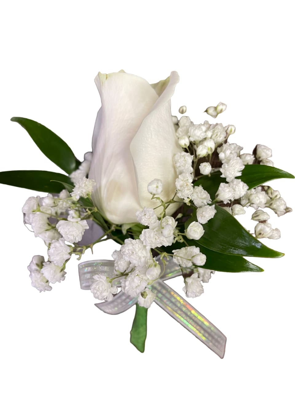 White rose boutonniere with baby's breath and a silver ribbon