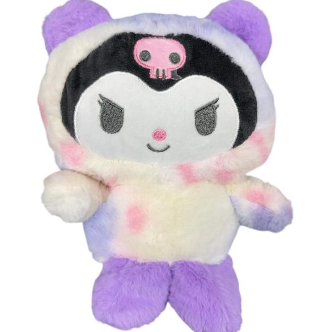 Plush character toy with purple ears and feet on a white background