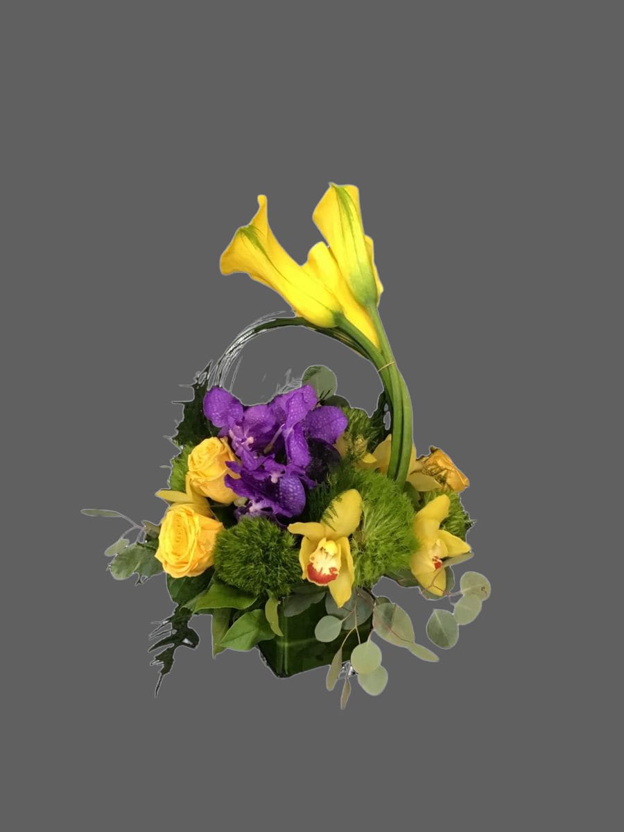 Yellow and purple floral basket arrangement with orchids and roses