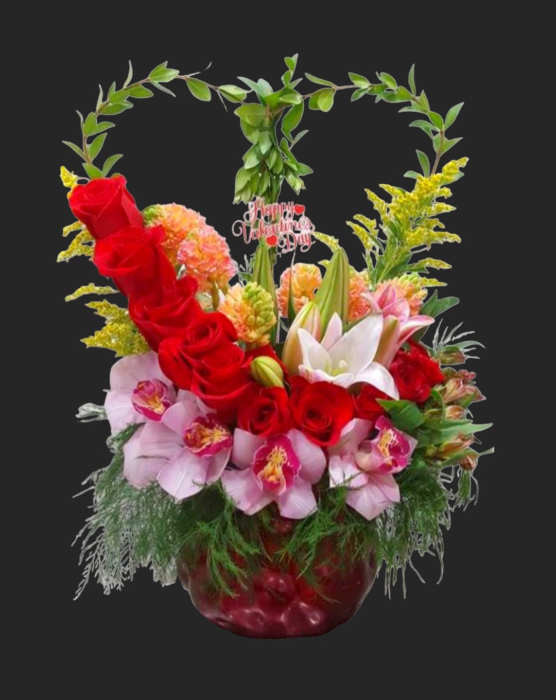 Basket arrangement of red roses, pink orchids, and lilies with a heart-shaped greenery handle