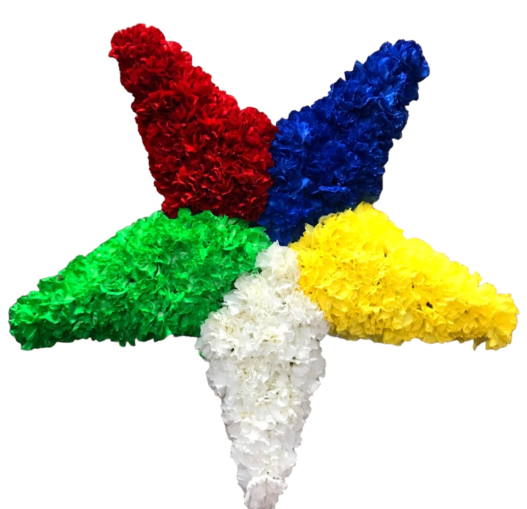 Five colorful floral garlands arranged in a star shape