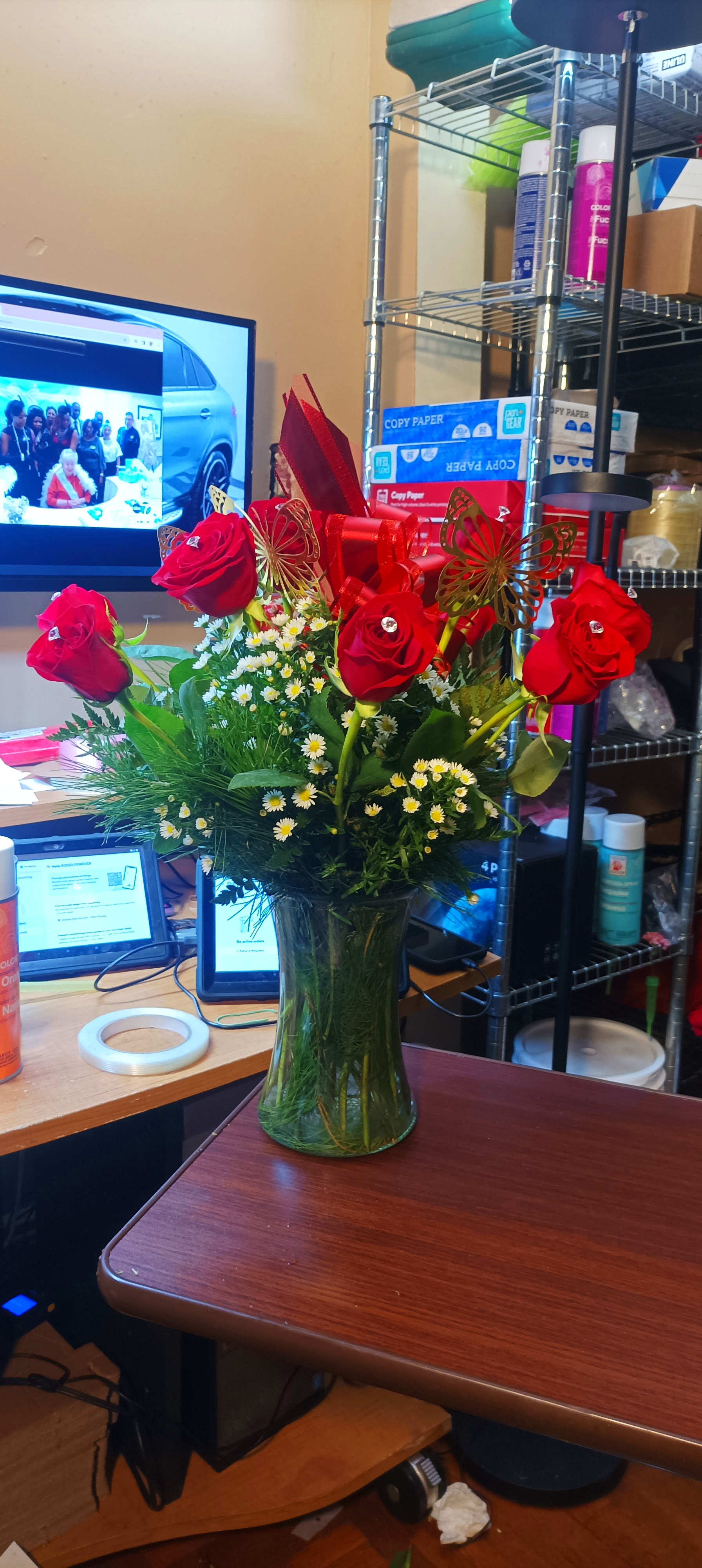 Dozen Long Stemmed Roses with GOLD BUTTERFLIES AND TEDDY BEAR AND CHOCOLATES - These dozen red roses with baby's breath are classic! Perfect romantic gift for Valentine's Day or an Anniversary. just show how much you love her!!!  Dozen Long Stemmed Roses with GOLD BUTTERFLIES AND TEDDY BEAR AND CHOCOLATES