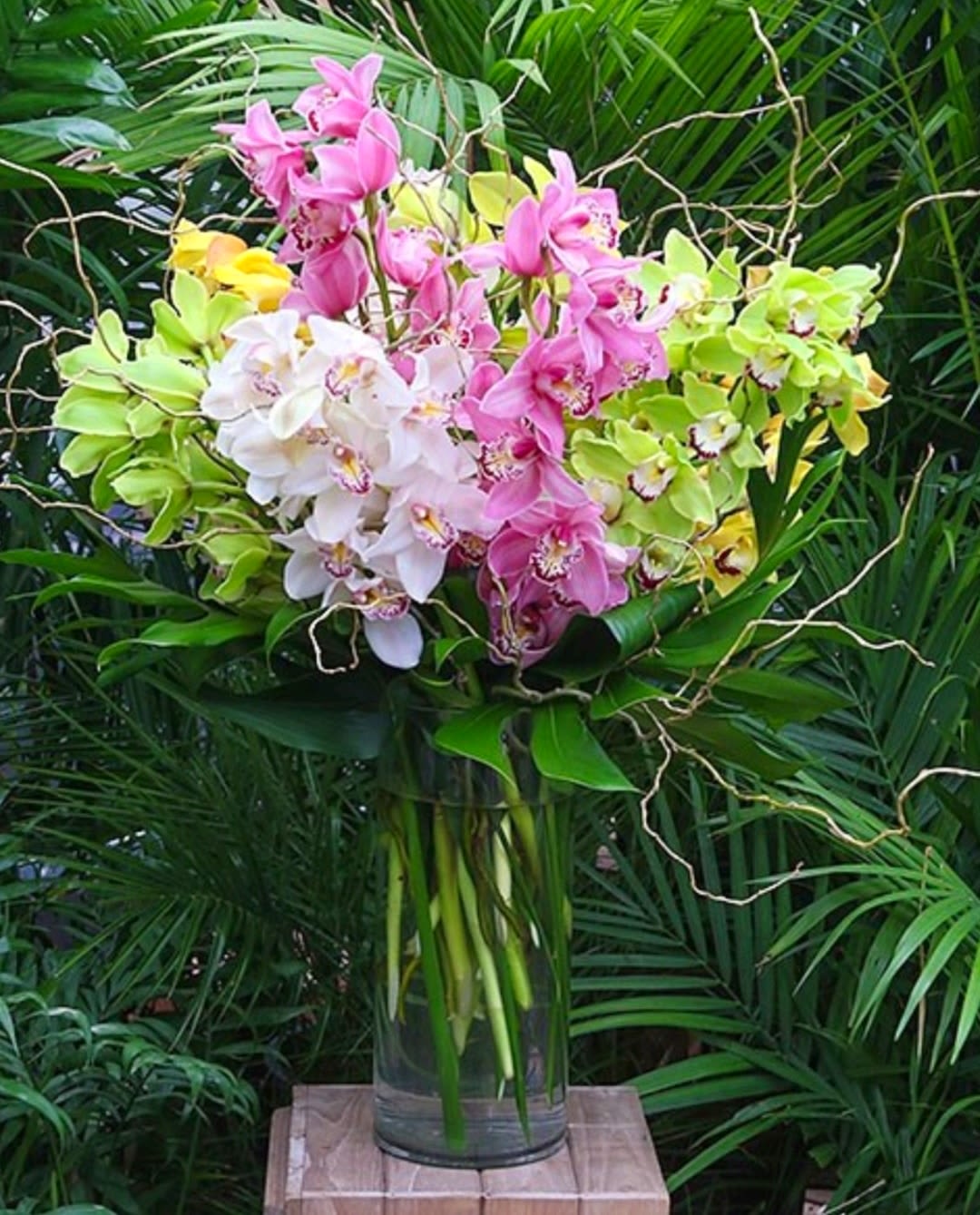 Bouquet of pink, white, and green orchids in a glass vase