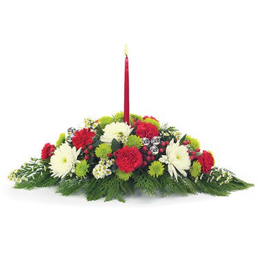 Christmas Traditions Centerpiece - Merry, merry, merry. Family and friends will immediately catch the spirit of the season when they see your table adorned with this combination of mums, carnations, button poms, Monte Casino and hypericum...accented by traditional ornaments and a red metallic candle. Measures 8"H by 26"L.