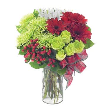 Holiday Surprise - Vivid accents of Fall jump to life in a colorfully magnificent arrangement of gerbera, fuji mums, alstroemeria, hypericum and roses complemented by a plaid ribbon in a clear cylinder vase.