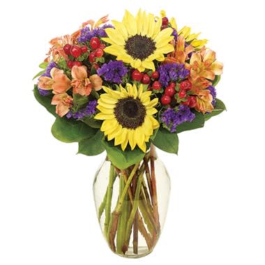 Fall Sunflower Brilliance Bouquet  - Making a splash is not just for summer, as this Fall celebration of brilliant color proves! Vivacious sunflowers, alstroemeria, hypericum and statice conspire in a rose vase to create an absolutely stunning botanical masterpiece. 