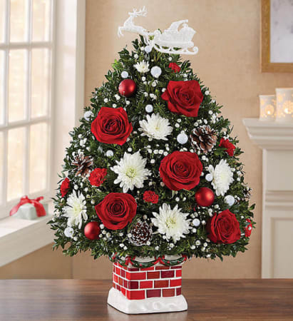 The night before Christmas holiday Flower Tree - The stockings are hung by the chimney with care. Here’s one more special gift to share! Our limited-edition Night Before Christmas Holiday Flower Tree beautifully captures the anticipation of Santa’s arrival. Trimmed in red &amp; white blooms, this truly original evergreen arrangement arrives in our exclusive new ceramic chimney container. With its snowy detail and old-world charm, this keepsake design includes a nostalgic ornament of Old Saint Nick and his sleigh, bringing joy to family &amp; friends while becoming a treasured part of their holiday traditions. All around tree-shaped arrangement with red roses and mini carnations; white cushion poms; accented with baby’s breath, assorted Christmas greenery Artistically designed in a in our Night Before Christmas Holiday Flower Tree chimney container; accented with ball ornaments, pinecones and pearl garland; container measures 5.25"L x 5.25"W x 4.75"H Includes a keepsake ornament of Santa and his sleigh. Large arrangement measures approximately 21"H x 14"L Medium arrangement measures approximately 19"H x 12"L Small arrangement measures approximately 17"H x 12"L