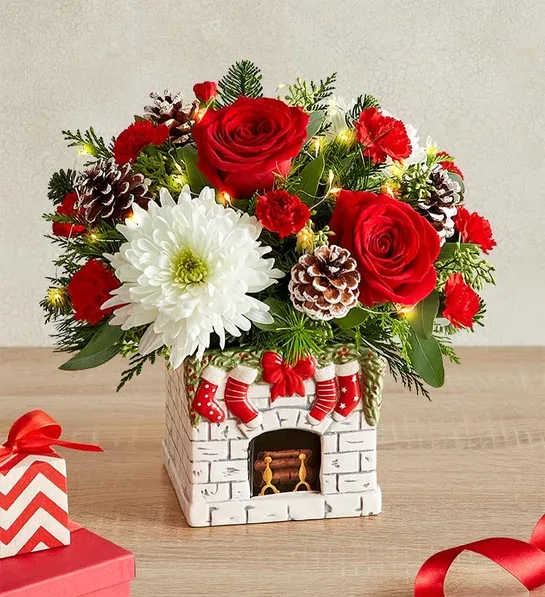 The Stockings were Hung Mantel Arrangement - Cozy up to the fireplace with this charming red and white Christmas arrangement. 