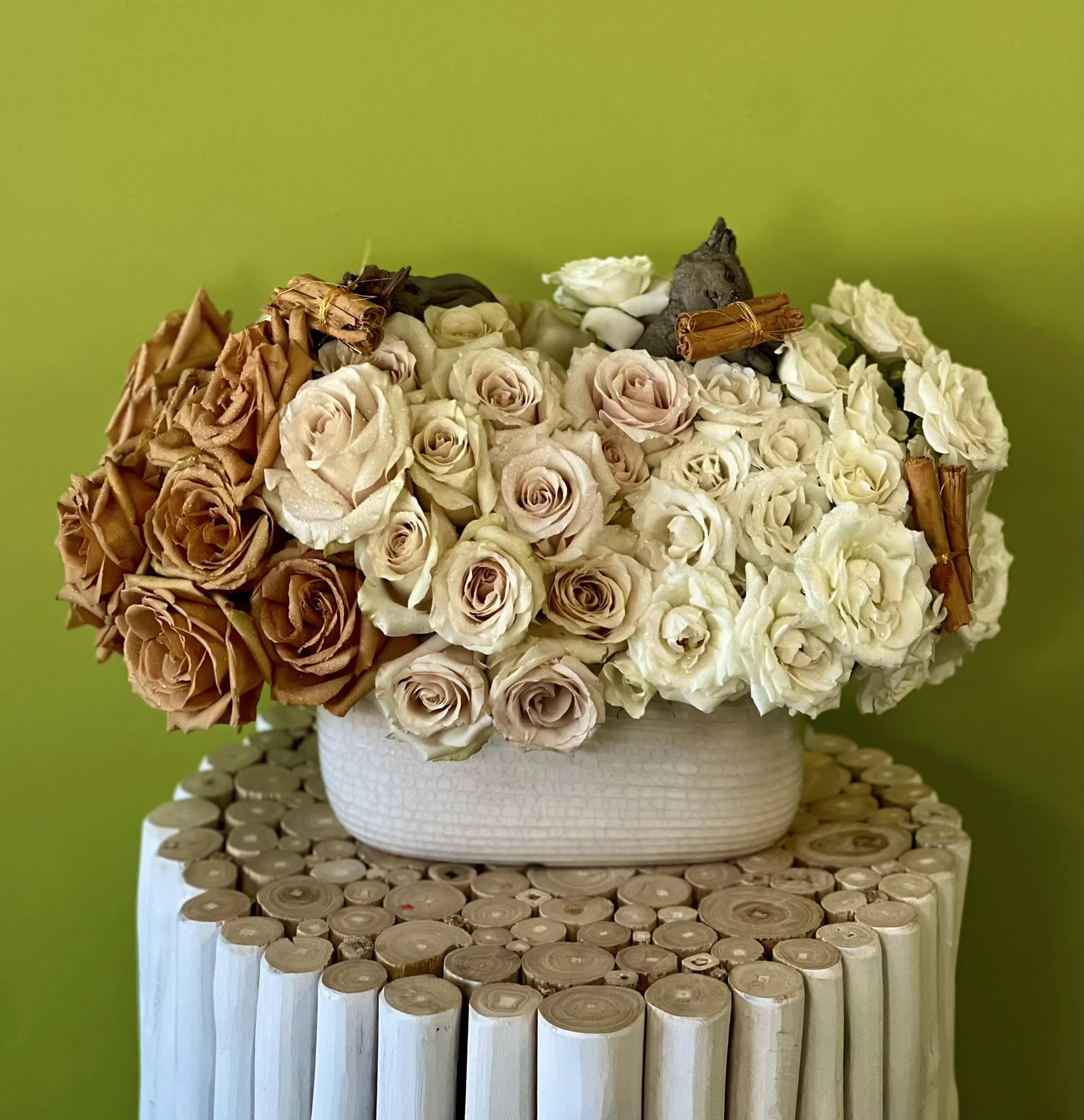 Three sister roses  - Toffee roses, Quicksand roses , Vendela roses in a cream ceramic vase. 