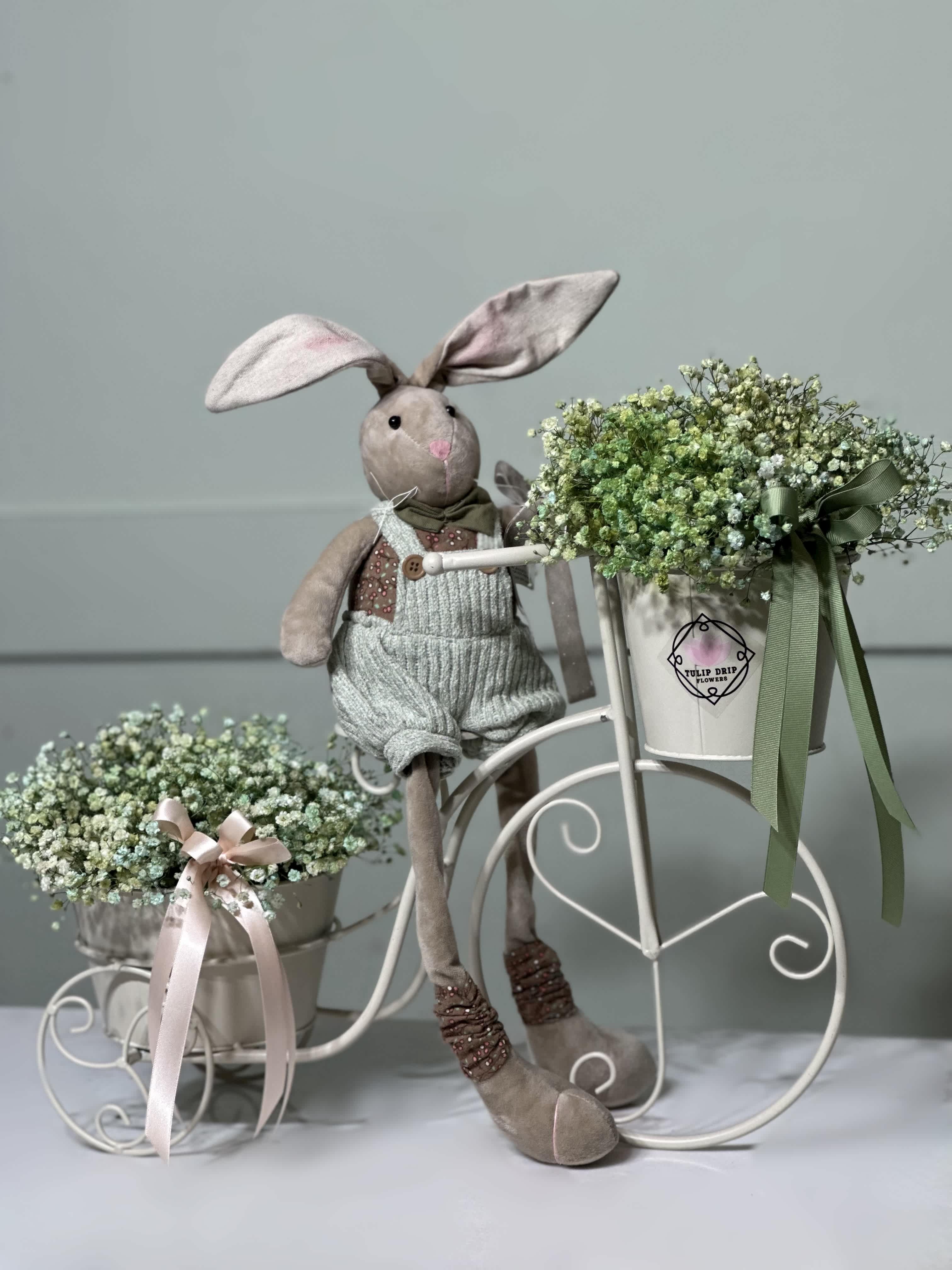 Bunny Riding a Bicycle - Adorable Baby's Breath adorning a charming bicycle alongside a cuddly stuffed bunny, creating a whimsical and heartwarming scene.