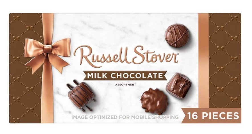 Box of Russell Stover milk chocolate assortment with a ribbon graphic