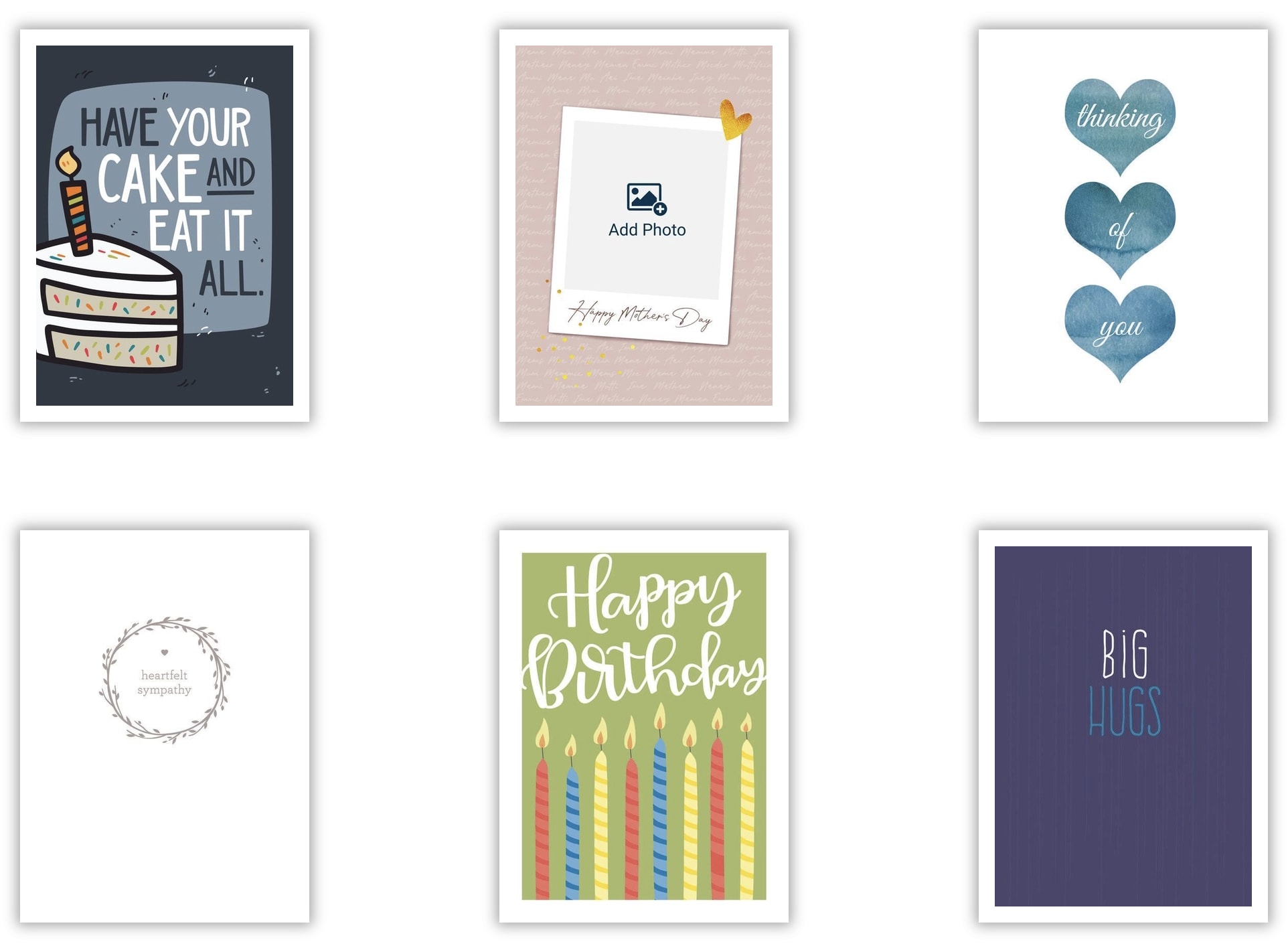 Set of six greeting cards with birthday, sympathy, and thank-you messages