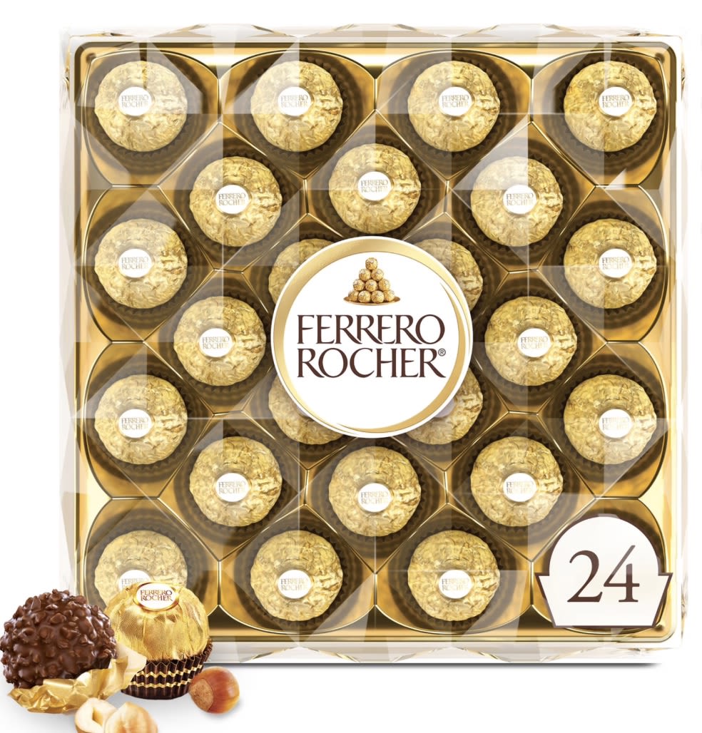 Box of Ferrero Rocher chocolates with one chocolate shown outside the package