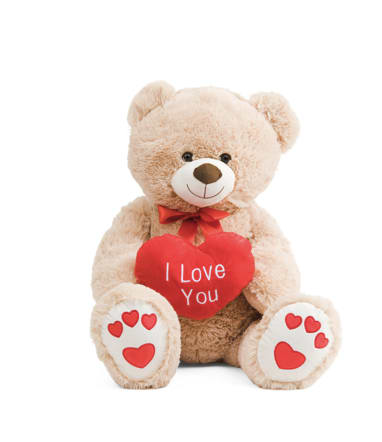 Plush teddy bear holding a red heart with "I Love You" text