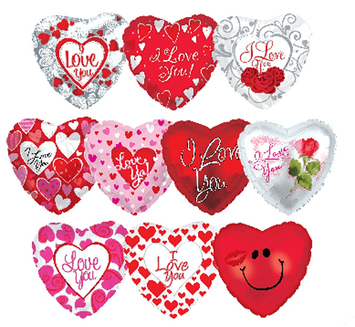 Assorted heart-shaped Valentine's balloons with love messages