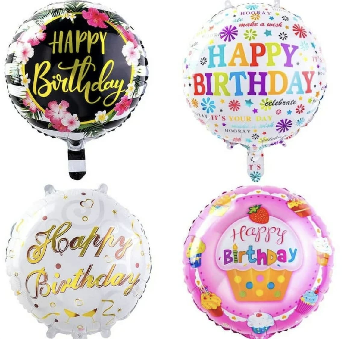 Four round birthday balloons with colorful printed messages