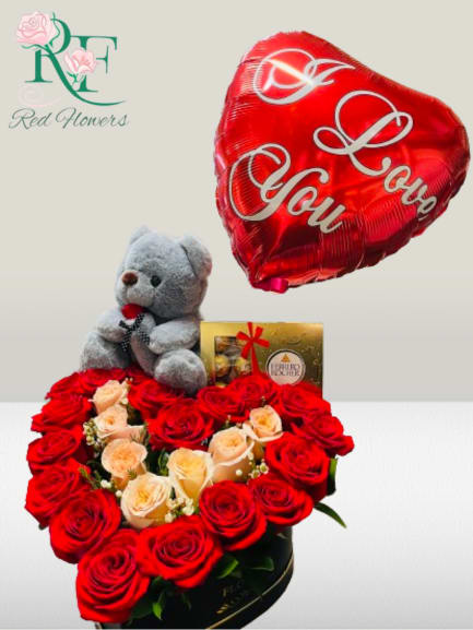 Heart-shaped red balloon with roses, teddy bear, and chocolates