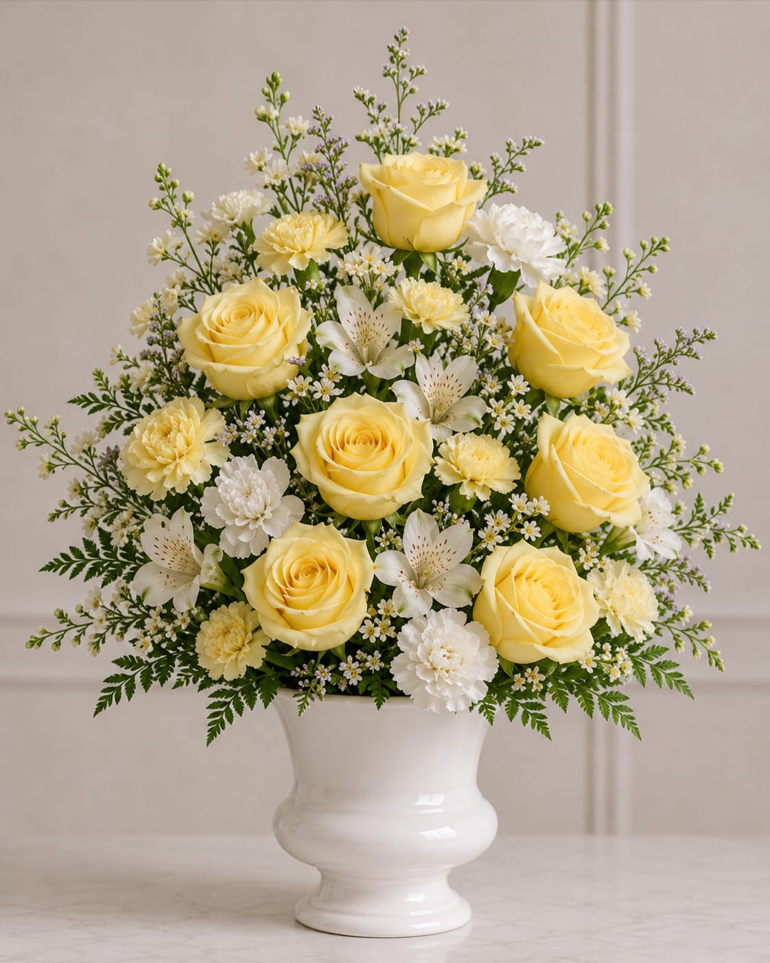 A Gentle Goodbye - Urn - This is a delicate one sided, fan type arrangement, lovingly crafted in delicate yellow and white. The flowers will be arranged in a white plastic urn. This arrangement can be purchased separately here, or as part of the Gentle Goodbye - Package.