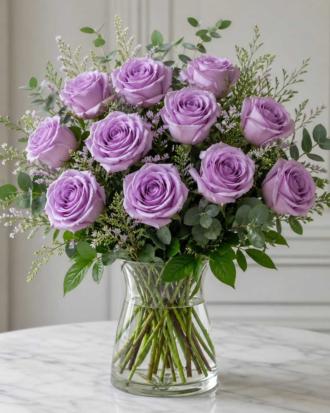 Lavender Rose Bouquet (Shade may vary) - An enchanting bouquet of lavender roses sweetly touches her heart. Paired with delicate greens in a stylish glass vase these lovely roses are a perfect gift. Please note that lavender roses can vary in color depth. Vase style may vary