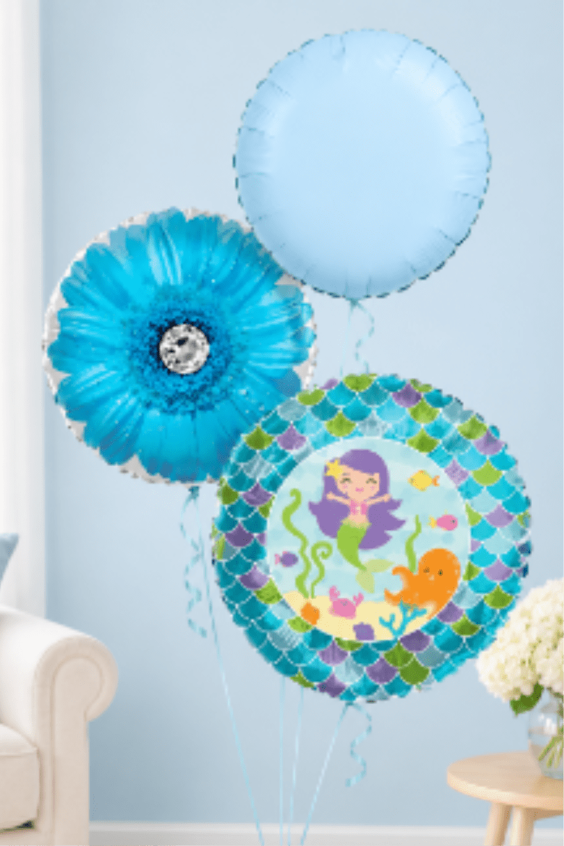Mermaid Blue Balloon Bundle - This fun and fine 3 balloon bundle is perfect for the mermaid in your life.  All balloons are mylar and it includes a weight. Balloon Shapes can very, style and color will be the same.