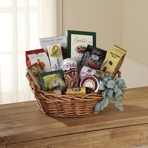 The FTD Warmth &amp; Comfort Gourmet Basket - One of the nicest ways to honor a departed friend or family member is with a toast to their memory and this bountiful gift basket provides a variety of delicious &ldquo;extras&rdquo; to make that toast extra special. They&rsquo;ll find biscuits that make a perfect pairing with wine a selection of cheeses cookies crackers including focaccia water and Tuscan pretzels nuts cheese straws sausage savory mustard and chocolate cake all packed into a willow presentation/storage basket. It makes a fitting accompaniment to any heartfelt &ldquo;goodbye&rdquo; toast. Approximately 13"H x 18"W.