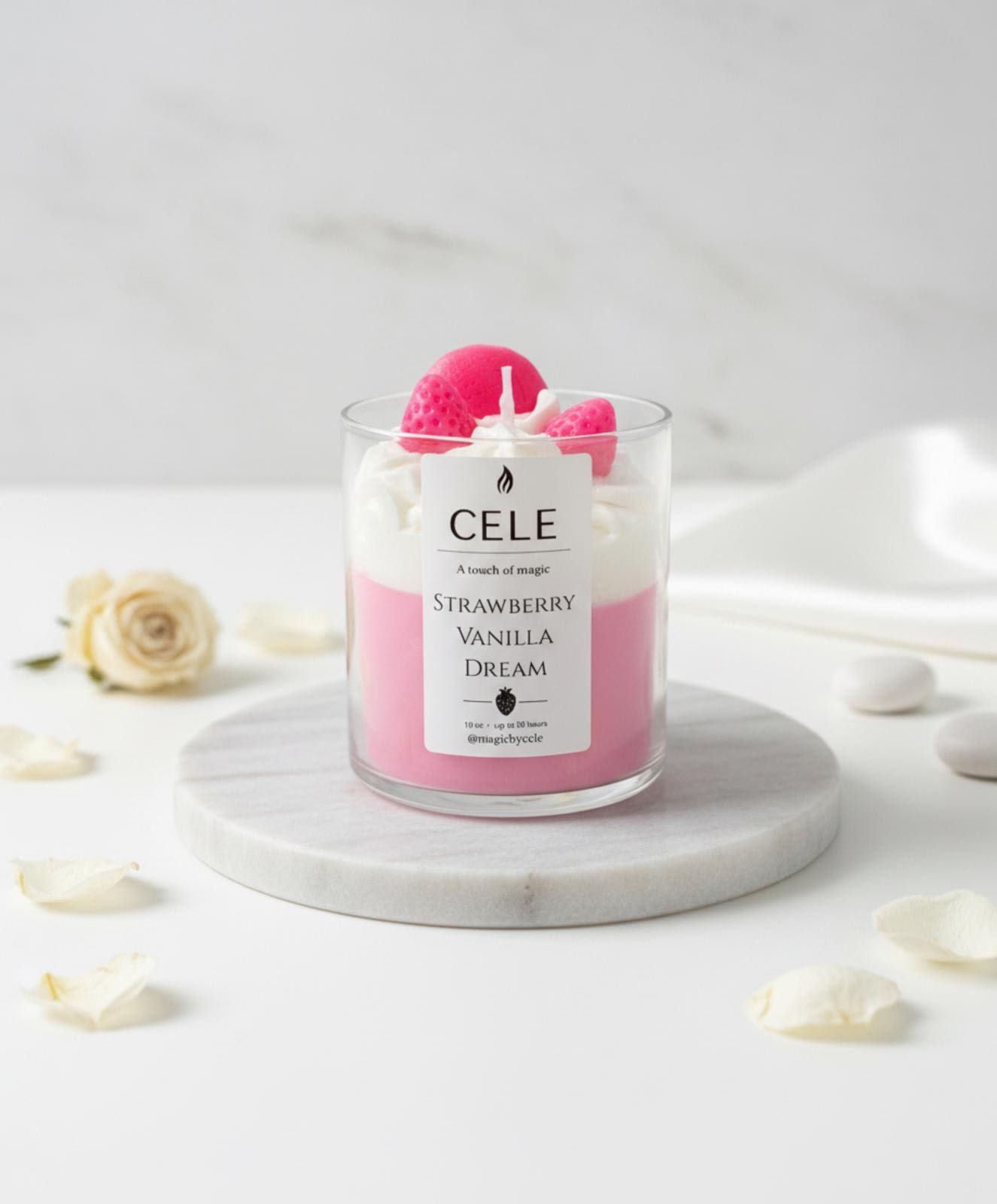 CELE Strawberry Vanilla Candle  - Sweet and comforting, our Strawberry Vanilla Candle blends the juicy scent of fresh strawberries with smooth, creamy vanilla for a perfectly balanced fragrance. Hand-poured for a clean, even burn, it offers up to 60 hours of long-lasting warmth—ideal for creating a cozy, inviting atmosphere in any space.