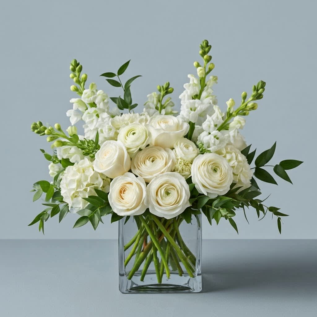 White ranunculus and snapdragons in a clear glass vase